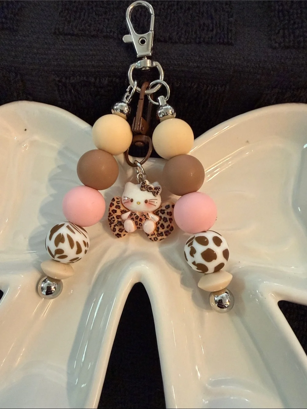 Leopard Cat Beaded Keychain for Kids - Pink & Brown